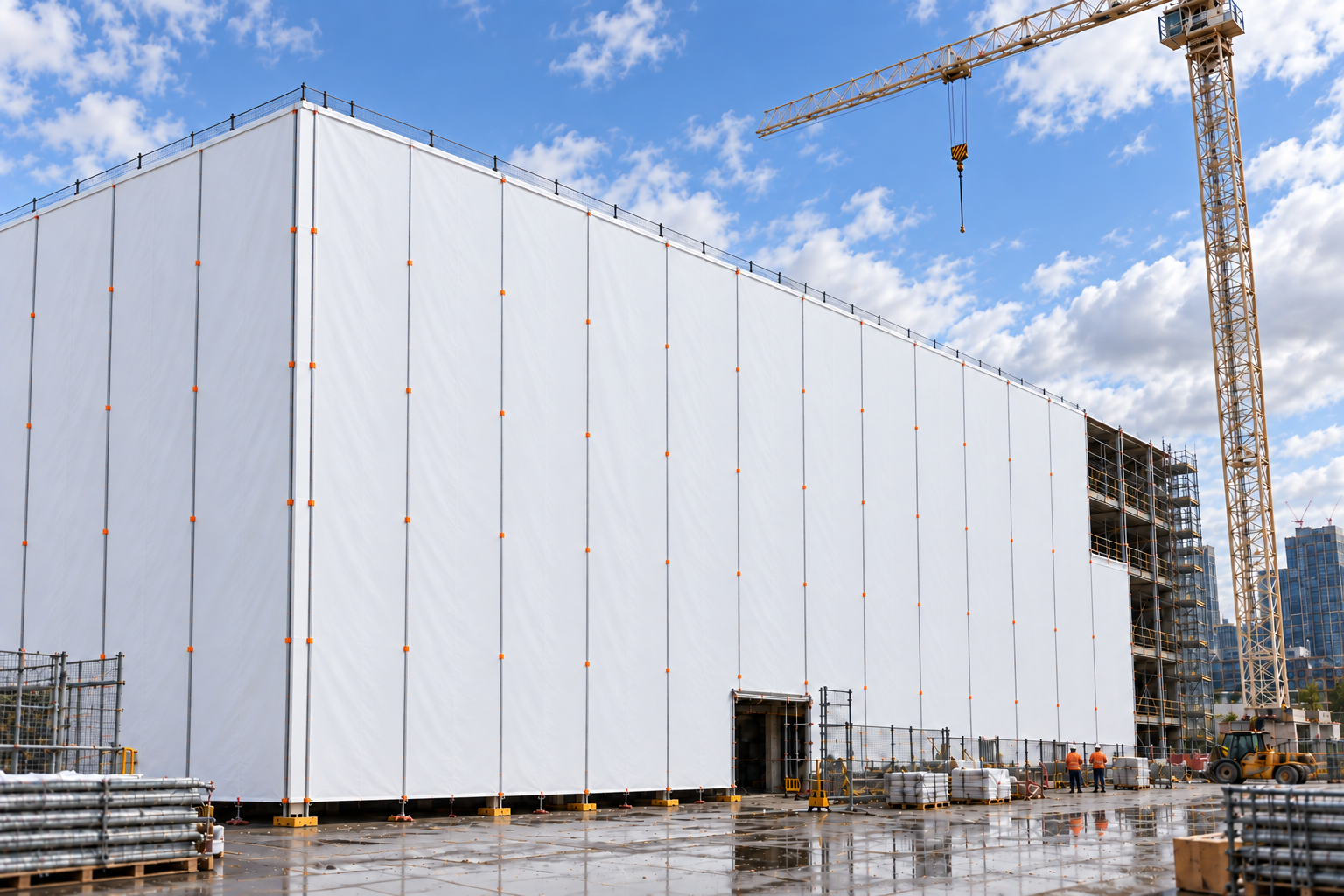 Concept visualisation of a large building project with white RainGuard PVC panels, aluminium tracks and orange fittings on perimeter scaffolding