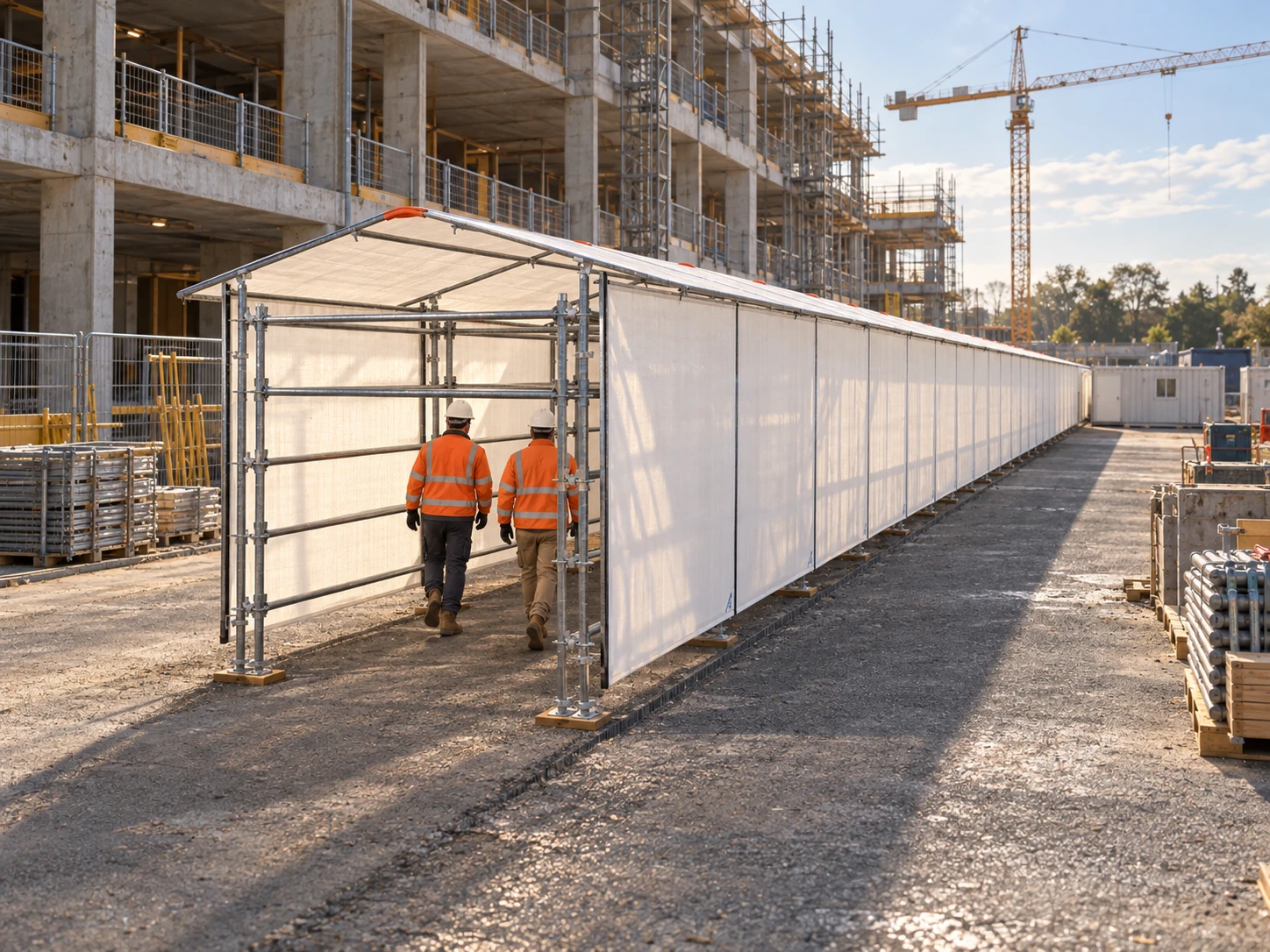 Concept visualisation of a RainGuard covered scaffold walkway viewed from outside